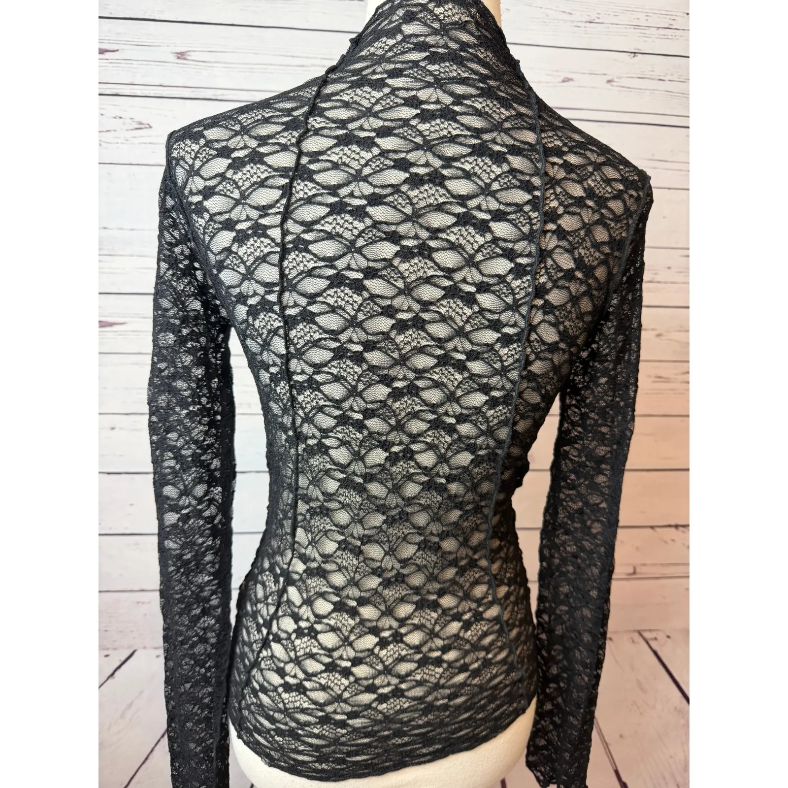 Lace Mock Neck Long Sleeve Sheer Top Small Sexy Y2K 90s ILLA ILLA Black Shirt - Image 7