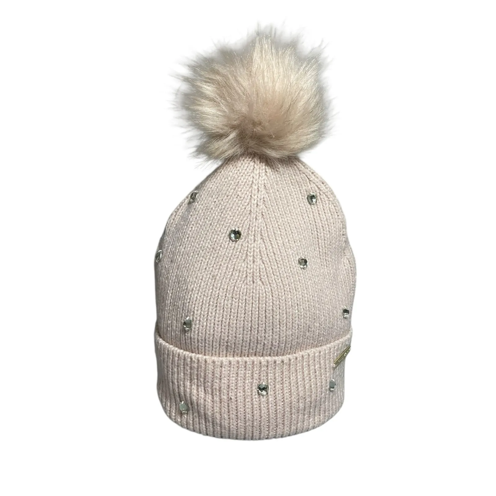 Michael Kors Cream Crystal Rhinestone Embellished Rib Cuff Hat Beanie One Size - Image 3