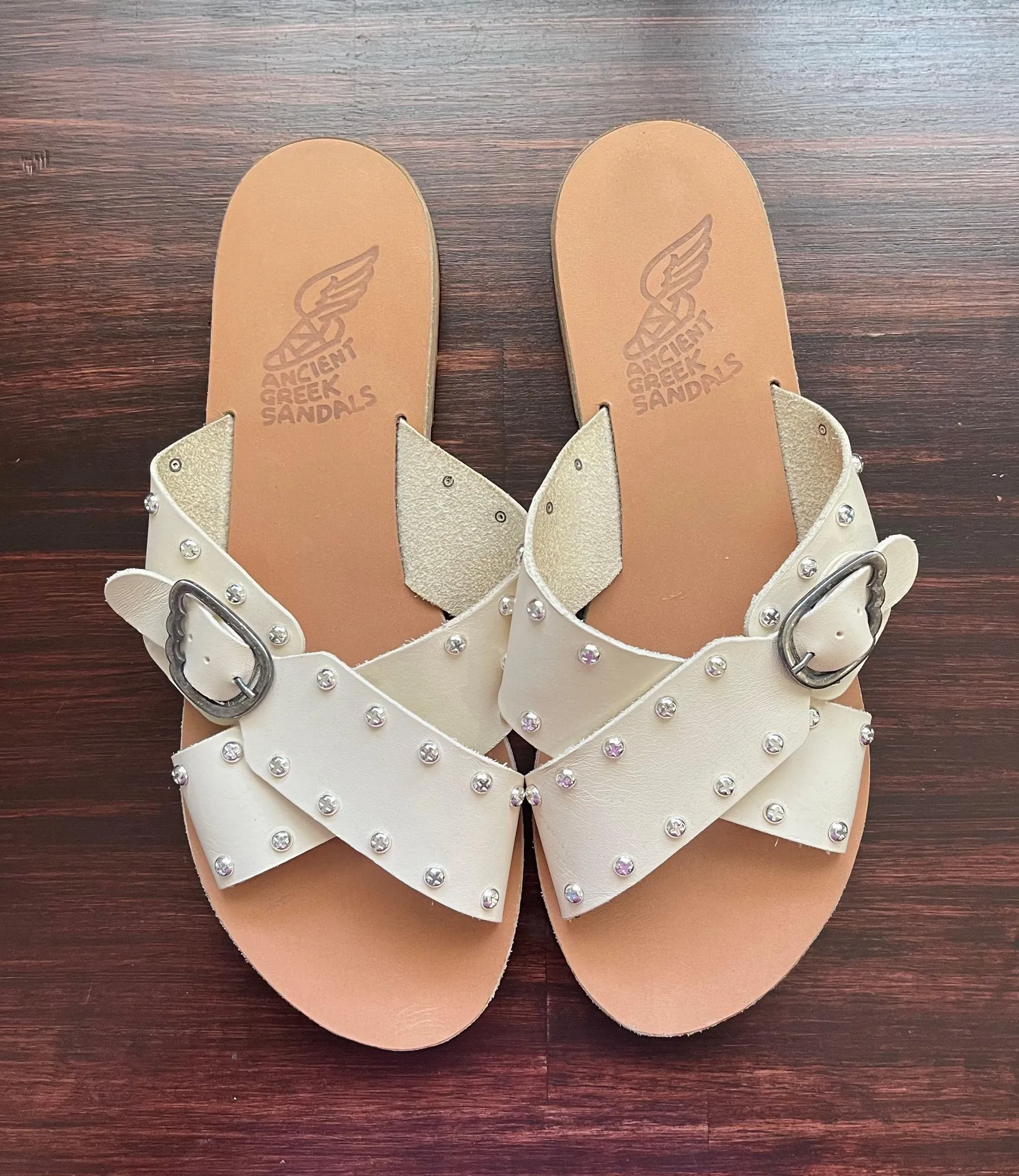 White Studded Cross Leather Sandals  - Image 2