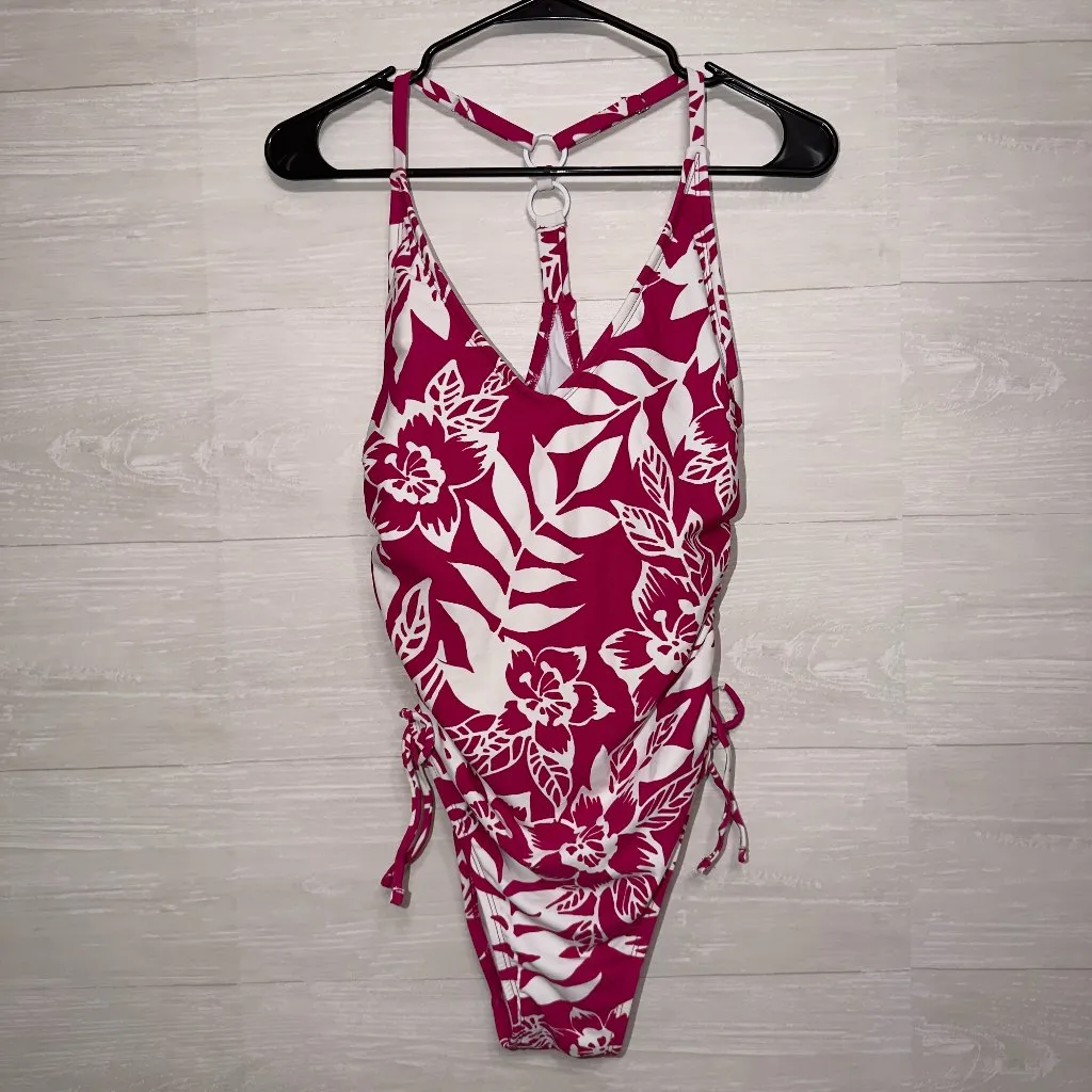 Kona Sol One Piece Swimsuit Size Medium Burgundy Floral Ring Halter - Image 2