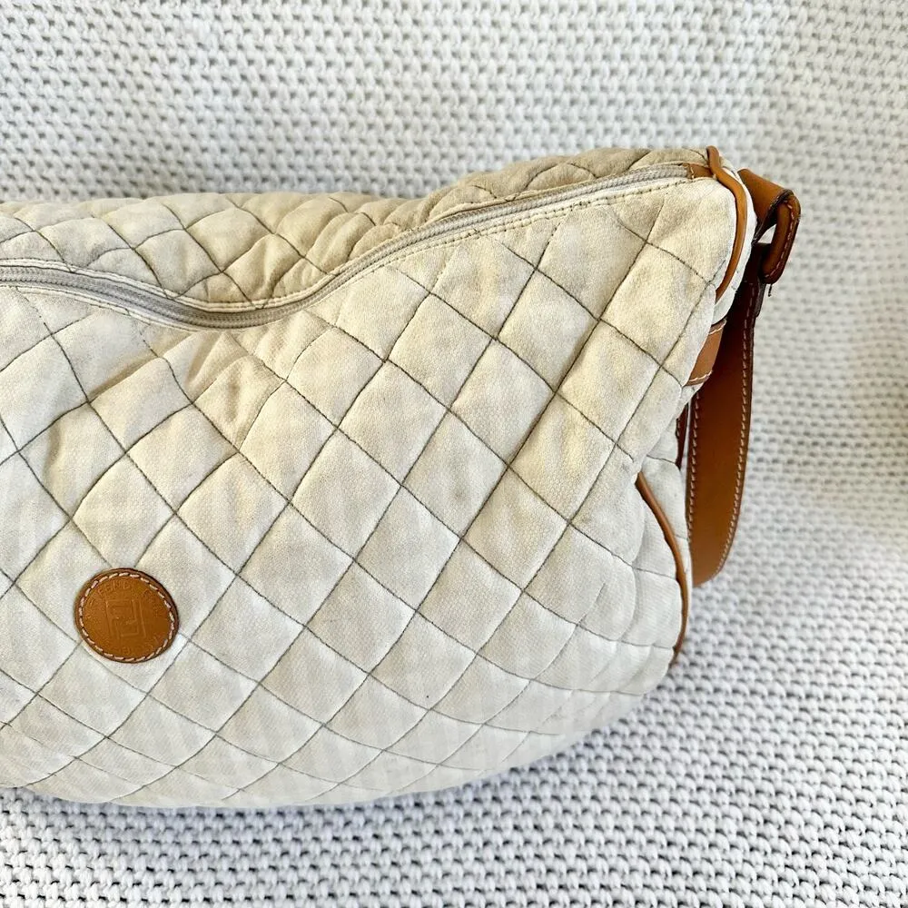 Fendi Vintage Cream White Quilted Faint Stripe Hobo Slouch Fabric Canvas Bag - Image 13