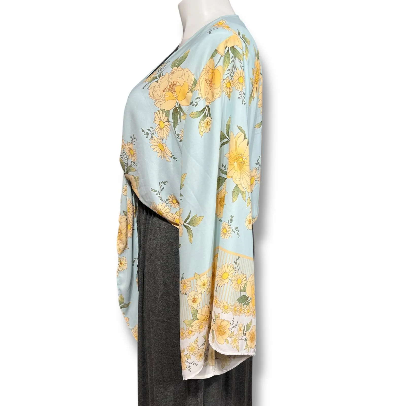 Rue+ Womens Bolero Shrug Crop Tie Front Kimono Sleeve Floral Yellow Blue 3X - Image 5