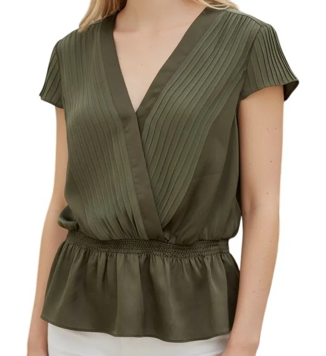 BEBE Olive Green Ruched‎ Waist Faux Wrap V Neck Peplum Blouse EUC Medium - Image 1