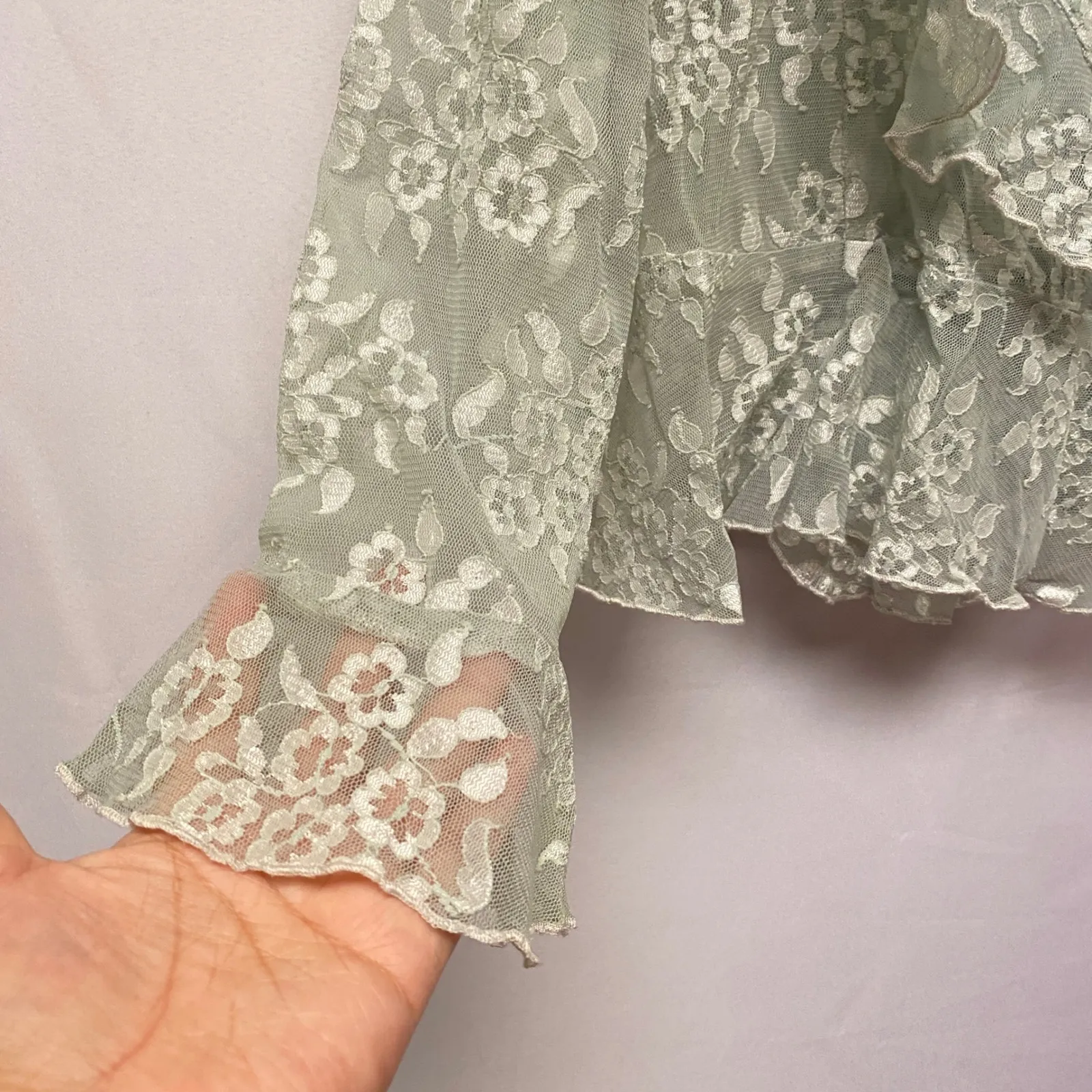 IN STUDIO Petite Y2K Flare Sleeve Sheer Lace Blouse Women PL Fairycore Festival Green Size undefined - Image 5