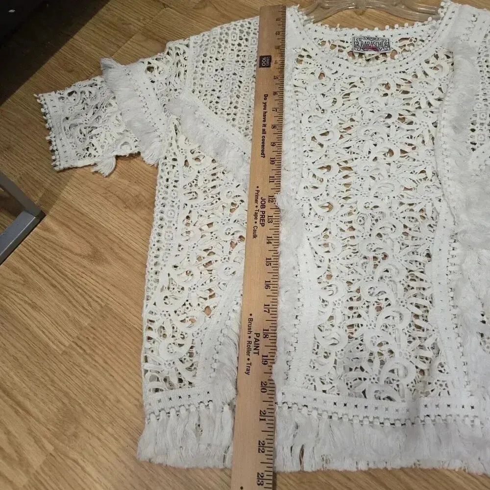 Anthropologie Yoana Baraschi Top White Lace Crochet Fringe Trim Short‎ Sleeve S - Image 8