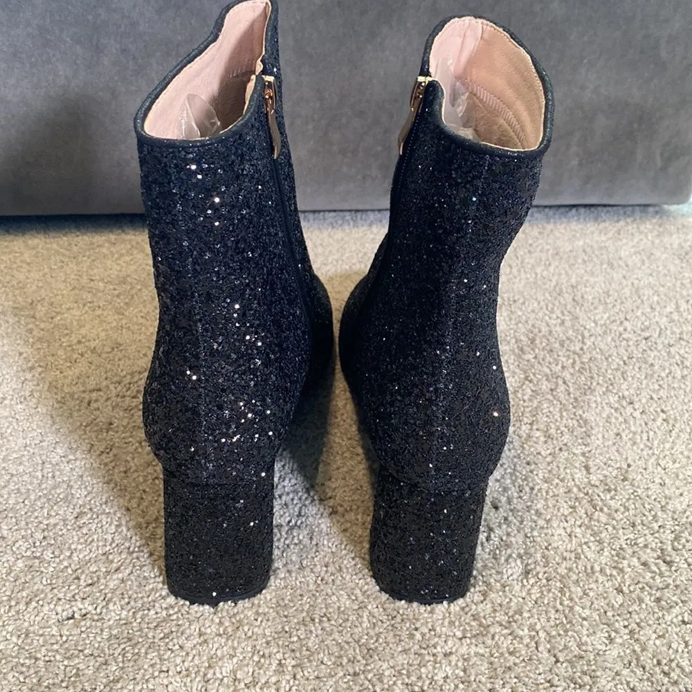 Women’s Black Glitter Covered Chunky Heeled Party Boots with Zipper Size 11 - Image 8