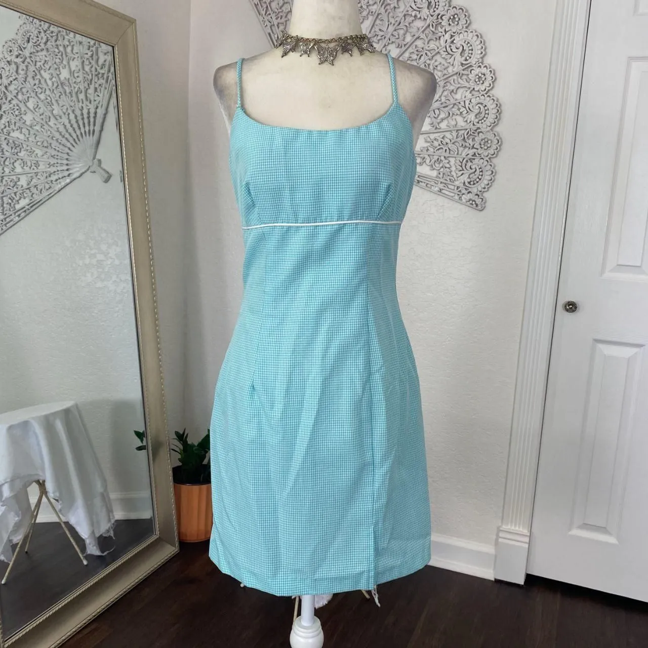 1970s Boho Cottage Light Blue Teal White Gingham Mini Cami Dress Size S - Image 4
