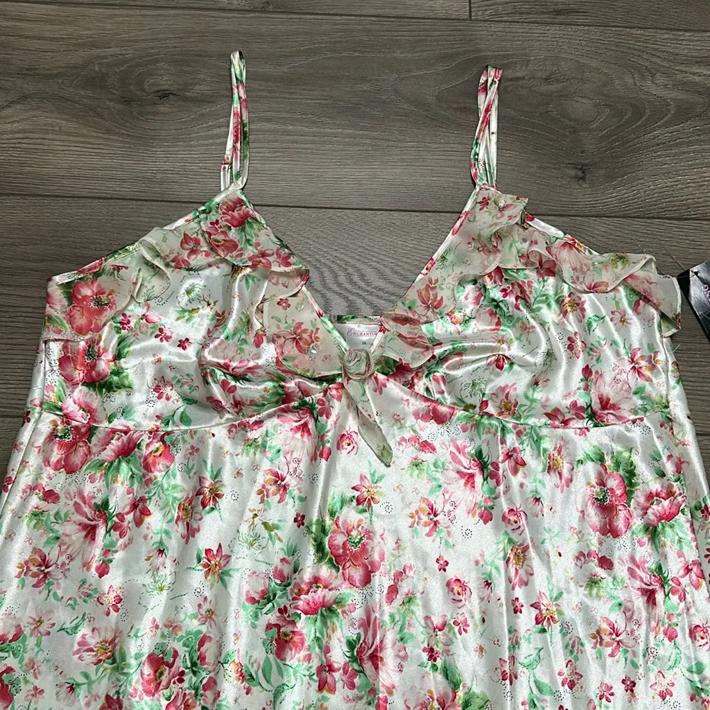 Vintage Enchanting Floral Slip Gown Apple Blossom Pink Cream Size‎ 2X - Image 2