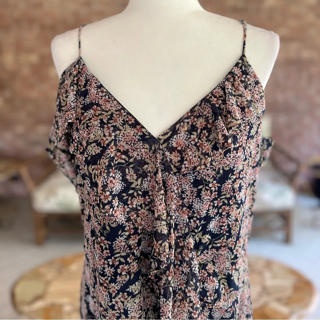 Leith Dress Midi Ruched Blue Floral Ruched Chiffon L Cocktail Party Chic Glam - Image 4