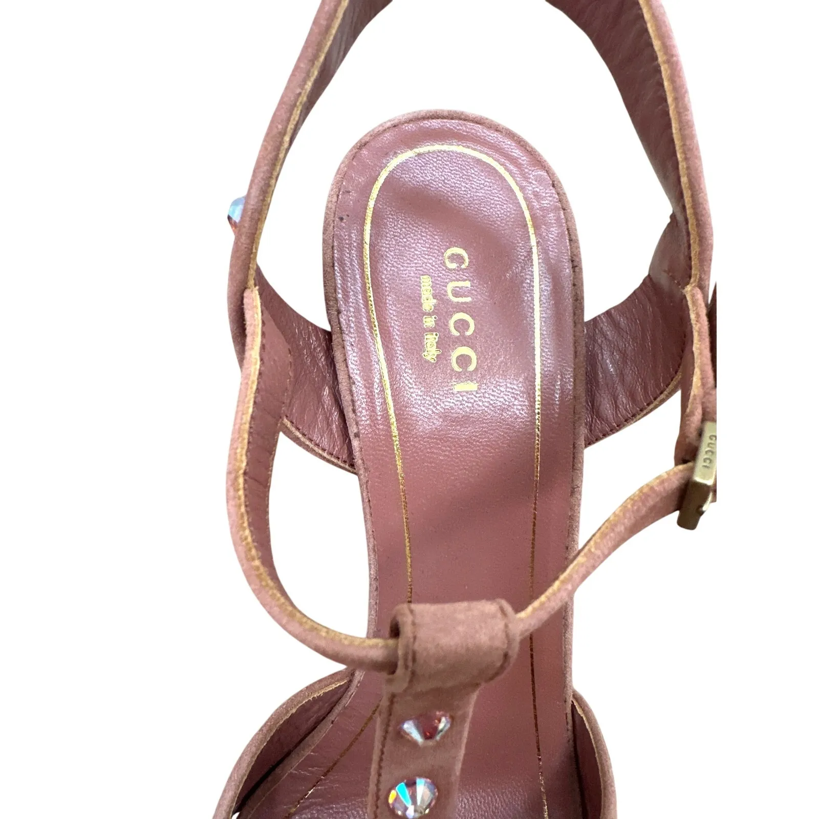 Gucci  Rose Suede Crystal T-Strap Heels Sandals Size IT 38, US 8 - Image 7