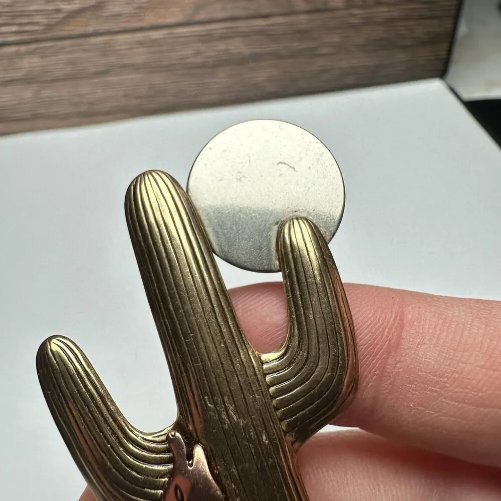 Moon Over Desert Cactus With Howling Coyote Metal Brooch Pin Tri Tone Rustic - Image 6