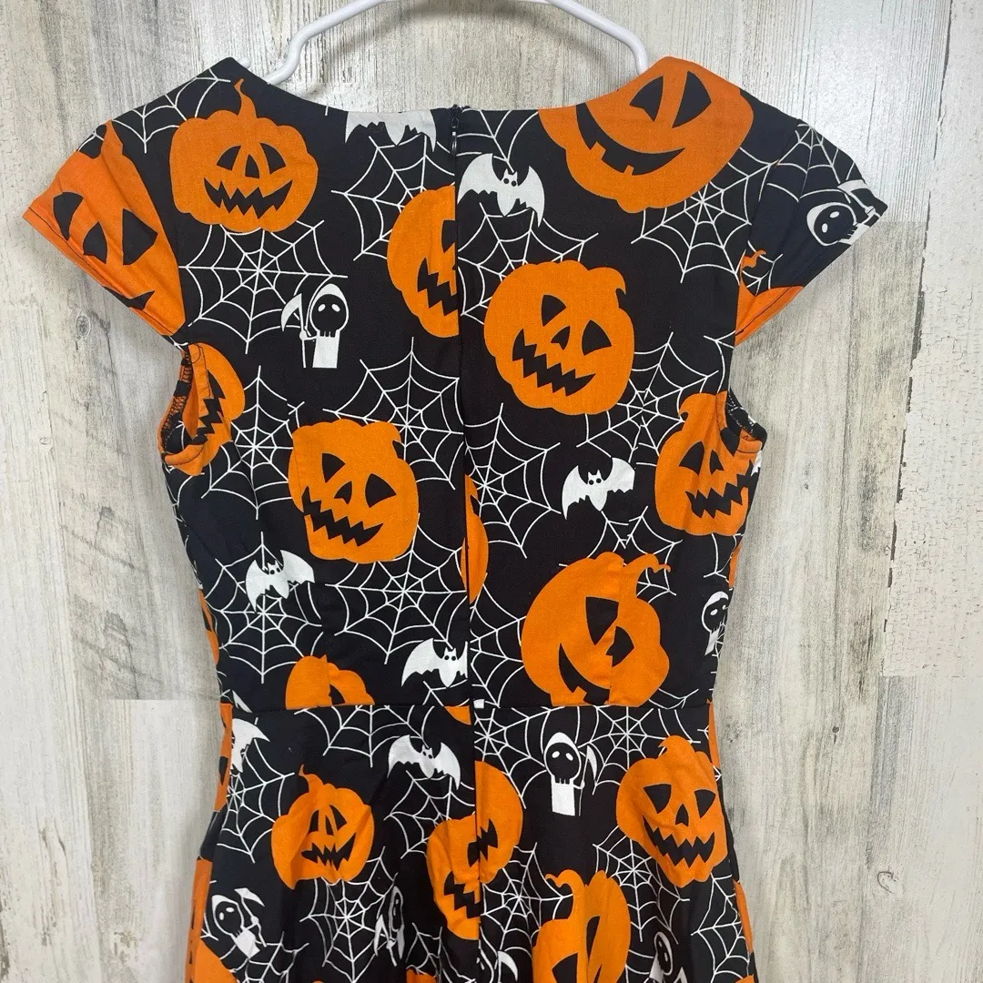 Hanpceirs Fit Halloween Print Fit And Flare Dress sz XS Black Orange Pinup Retro - Image 7