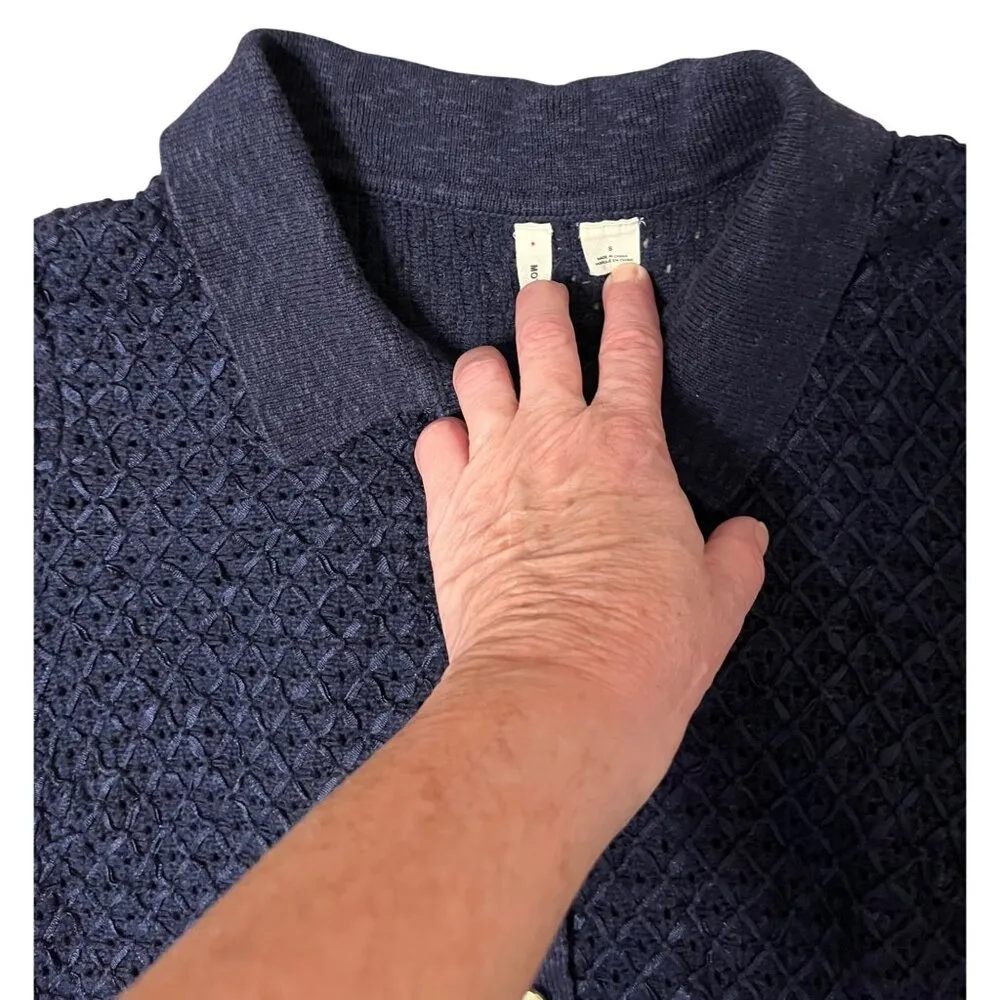 Anthropologie Moth S Sweater Mini Dress Polo Ribbon Crochet Knit Navy Blue - Image 5