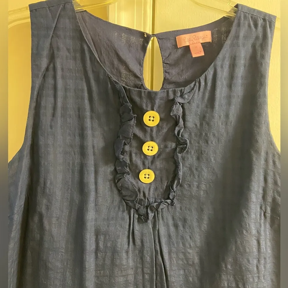 Lilly Pulitzer navy blue silk blend sleeveless blouse ruffled sz 12 - Image 3