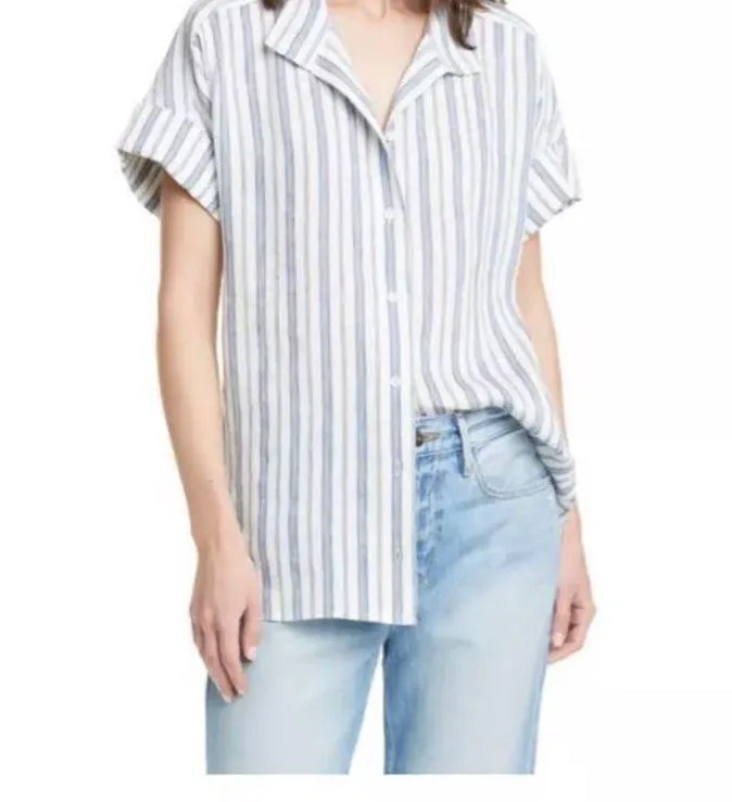 Frame Stripe Clean Collar Linen Blend Shirt In Off White Multi - Image 4