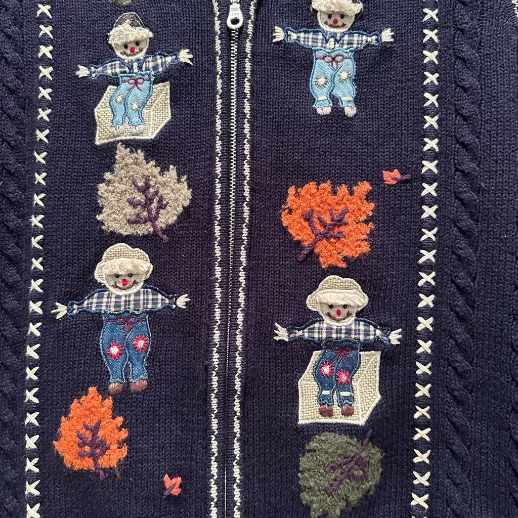 Vintage Northern Reflections Navy Blue Fall Embroidered Scarecrow Vest - Image 3