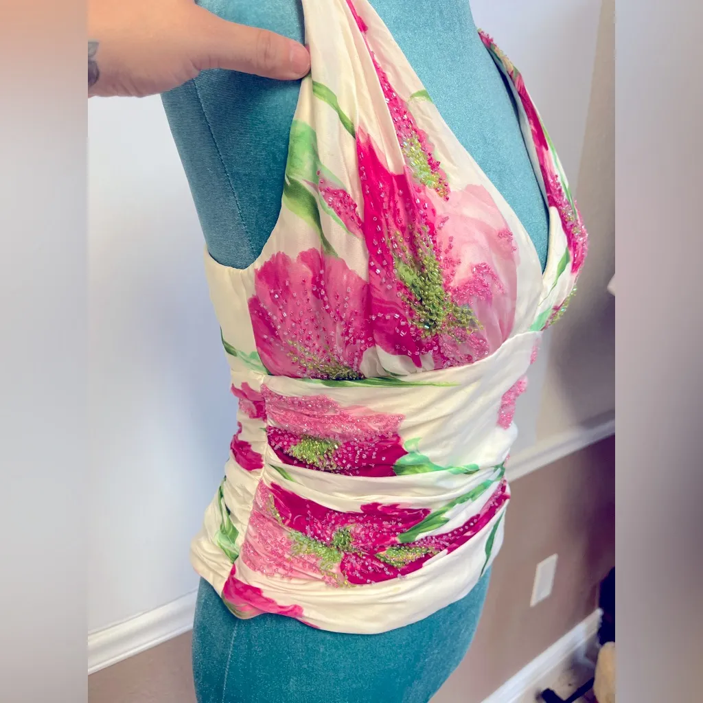 Vintage 90s Carmen Marc Valvo Beaded Silk Top w/ Twist Back – Size 8 - Image 4