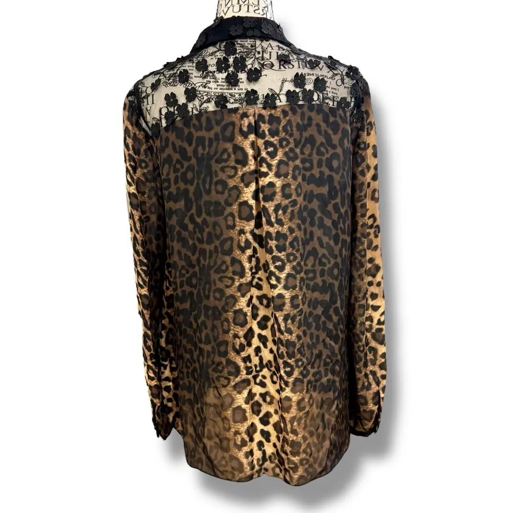 Elie Tahari Size S Anderson Black Lace + Leopard Print 100% Silk Button Blouse - Image 9