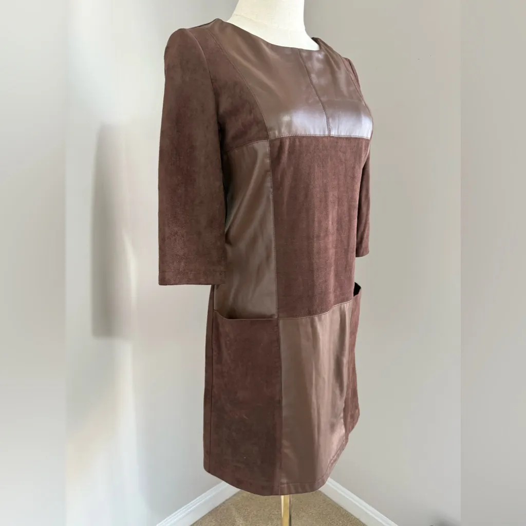 Women’s Brown mix suede and faux leather mini dress in size small - Image 3