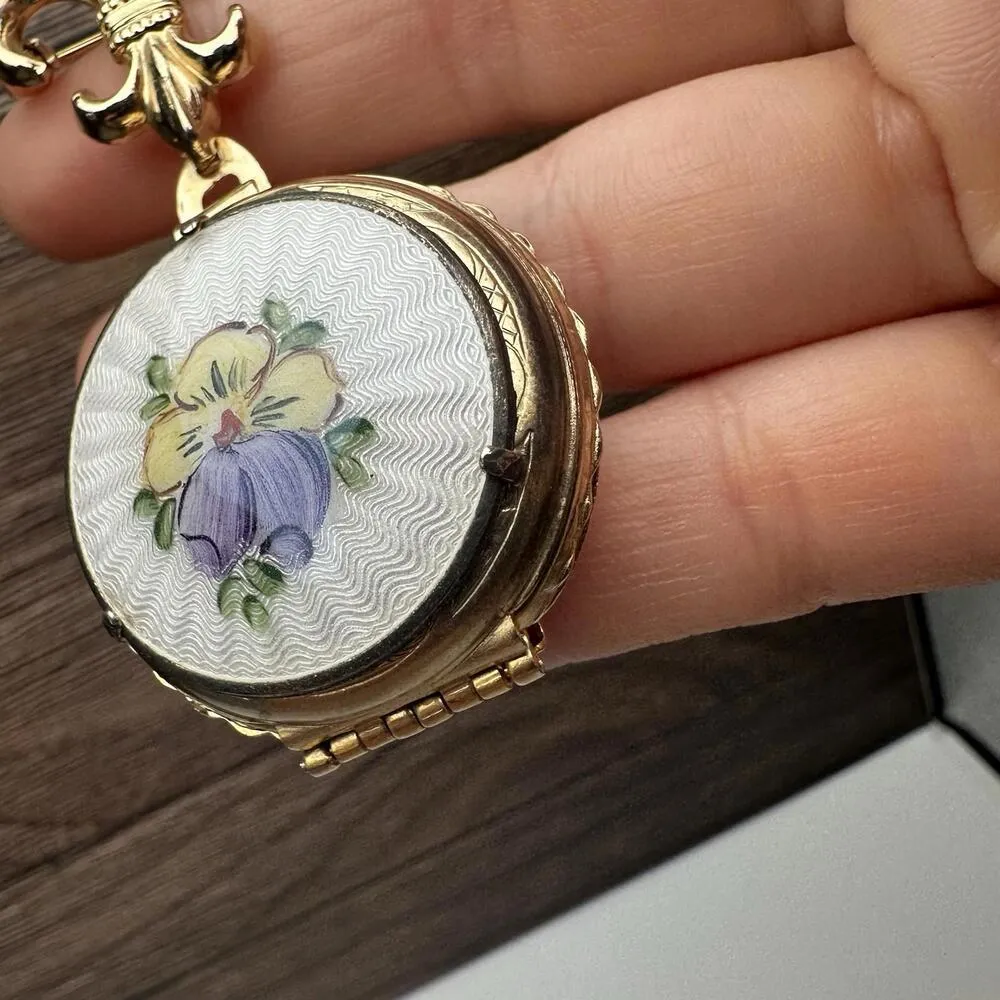 Coro Locket Dange Fleur De Lis Purple Pansy Flower Brooch Pin Gold Tone Vintage - Image 12