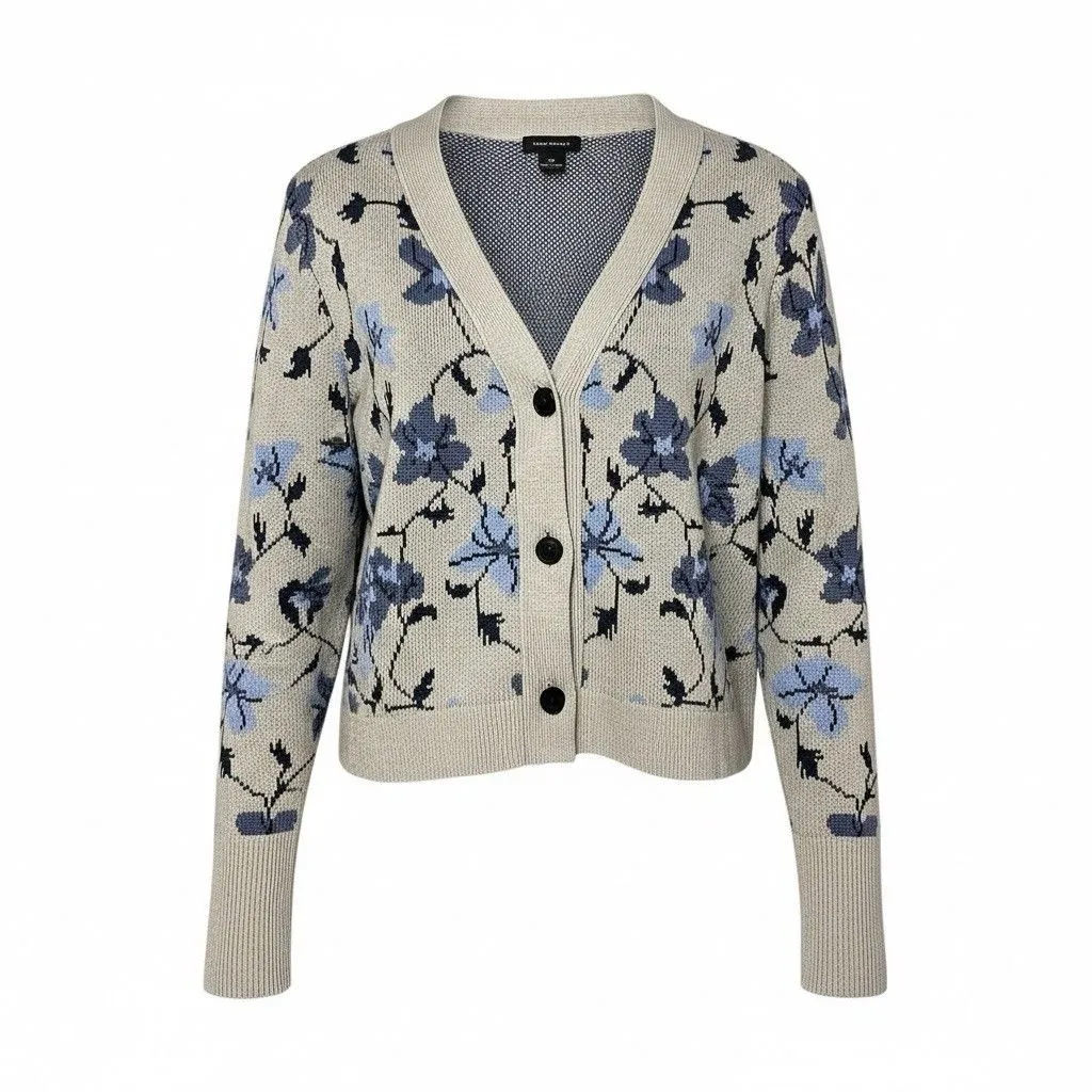 Club Monaco Floral Jacquard Cardigan Grey Blue‎ Size M - Image 7