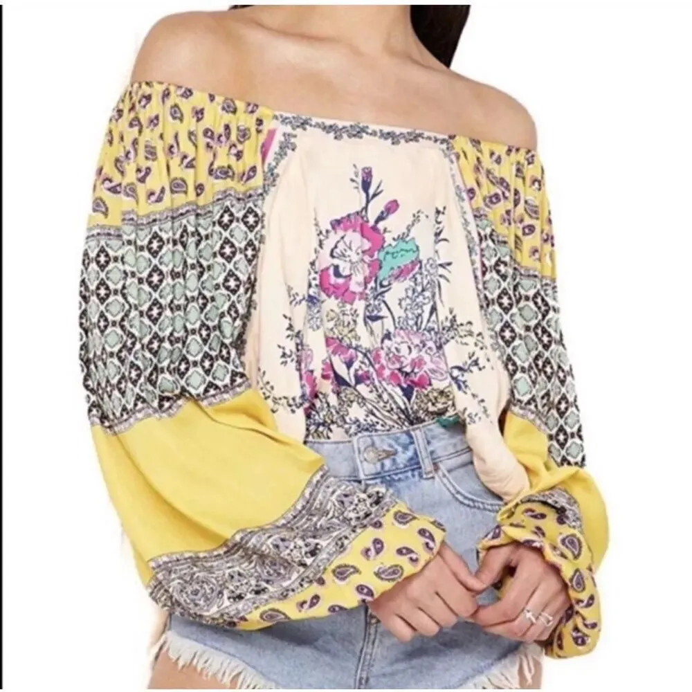 Free People Positano Printed Silky Mix Print Floral Off-Shoulder Boho Peasant Bl - Image 2