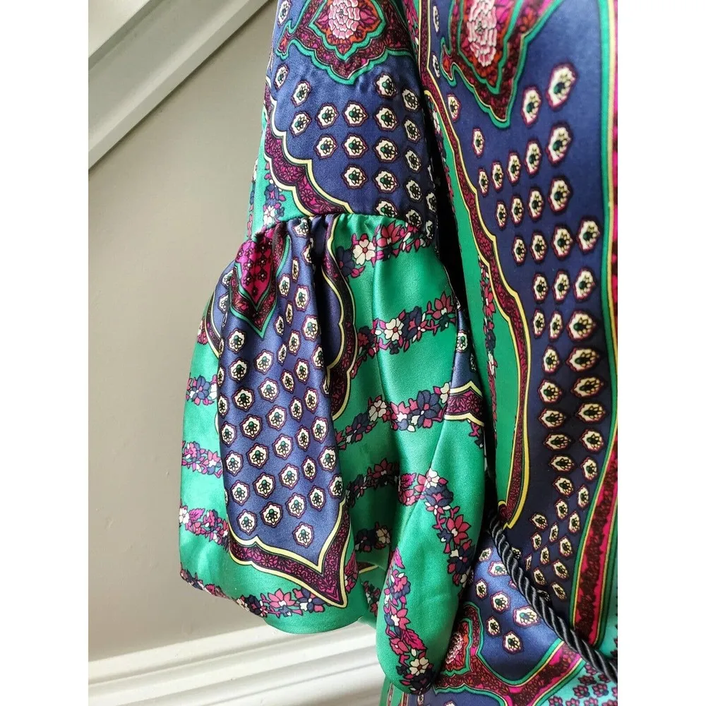 Single Dress Multicolor 100% Silk Long Sleeve Cord Waist Tie Knee Length Dress S - Image 6