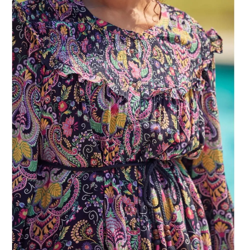 By Anthropologie Tunisian Tunic Paisley Vibrant Smocked Collar NWT Large Coverup - Image 3