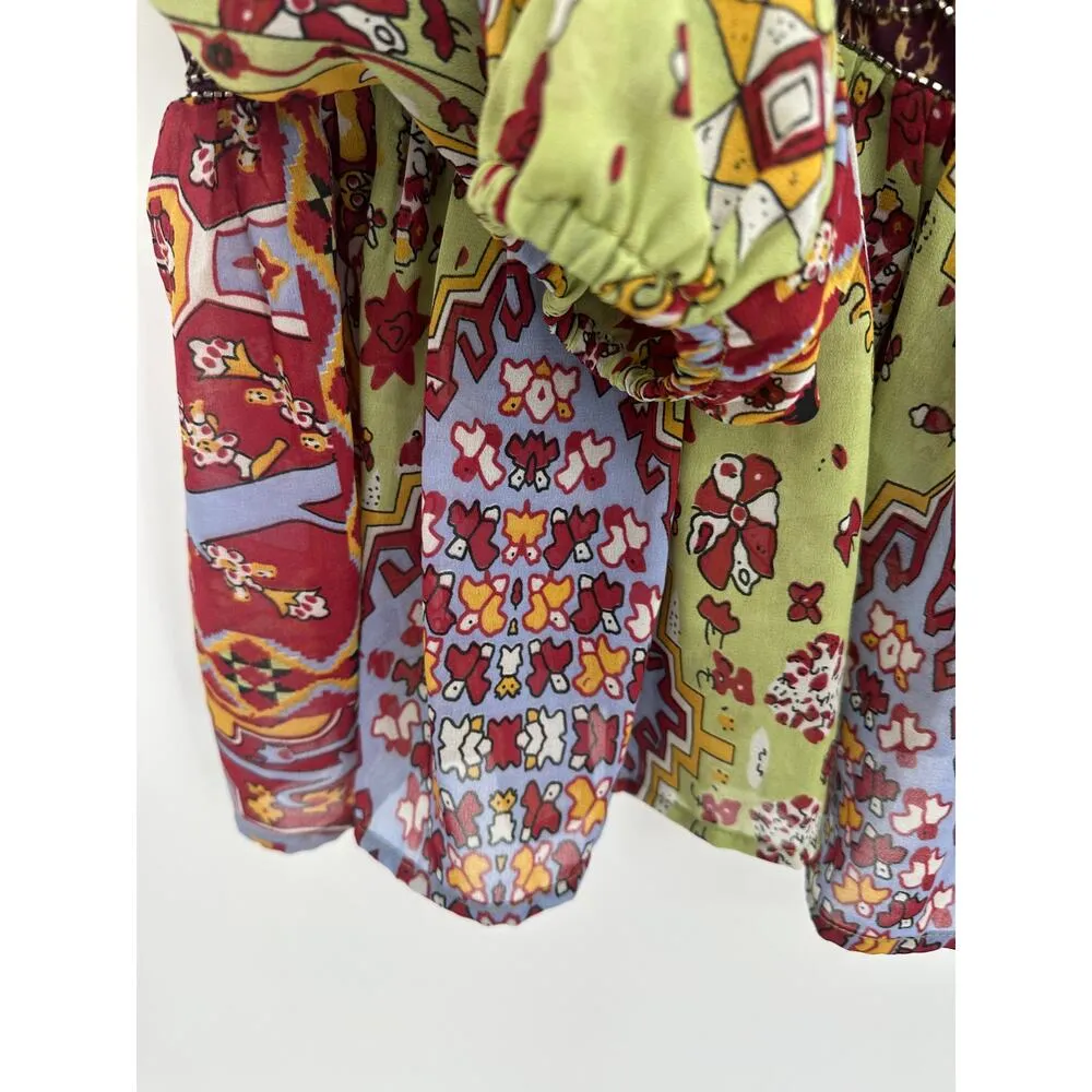 Cato Collection Womens Boho Babydoll Top Y2K Size Medium Festival Gypsy Beaded M Green - Image 6