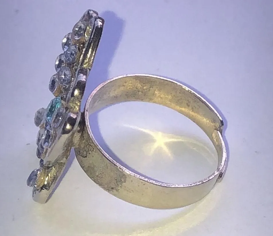 Vintage Adjustable Silver Tone CZ Rhinestones Butterfly Boho Ring Blue - Image 4