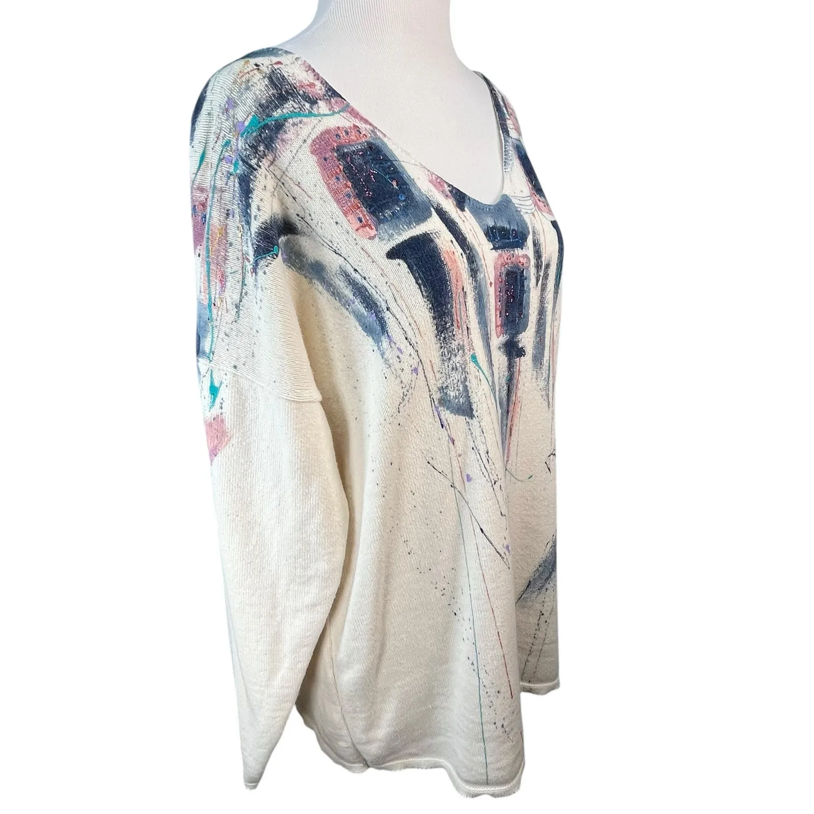Sarah Hand Painted Originals Vintage‎ Off White Wearable Art Sweater L/XL - Image 3