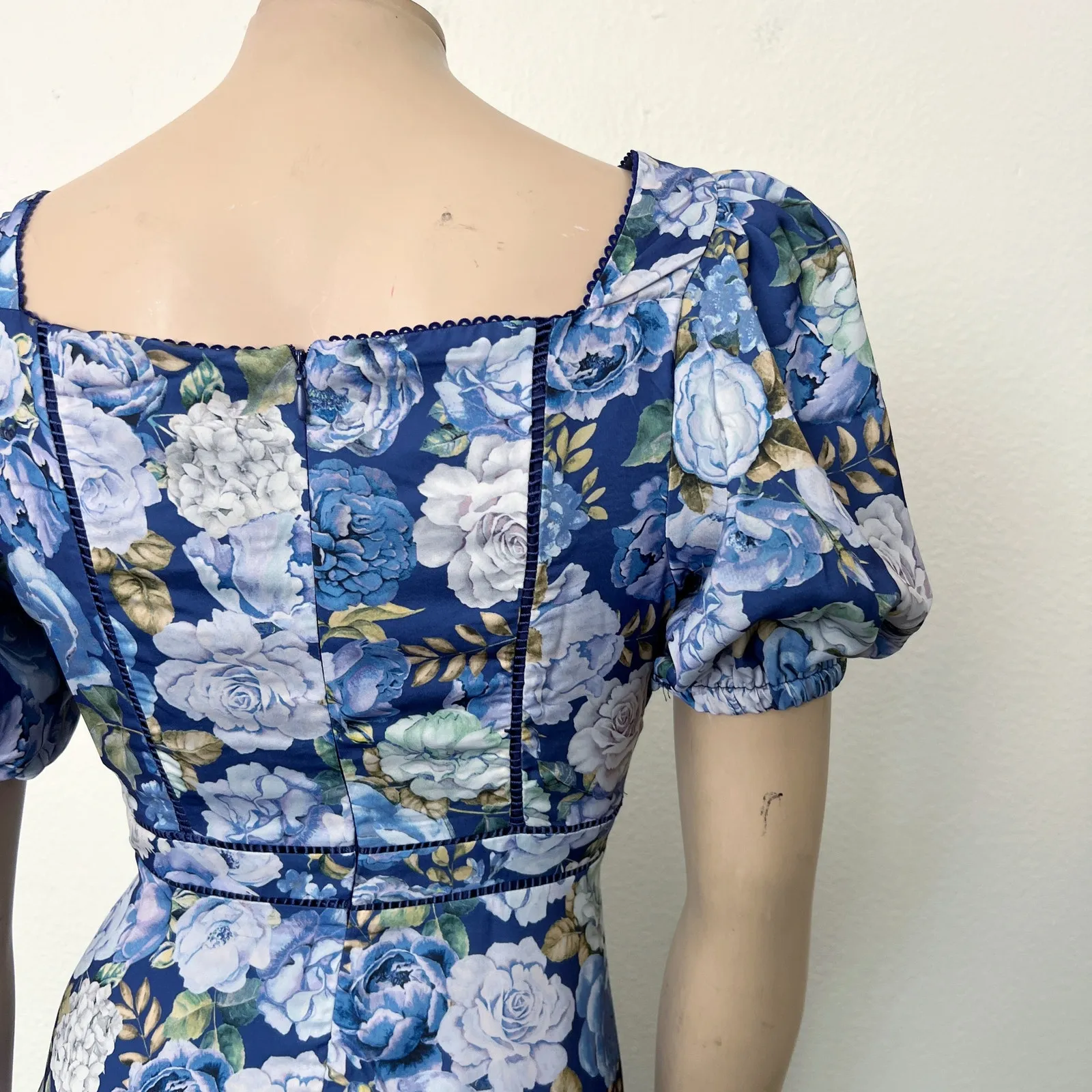 [Rachel Parcell] Blue Floral Puff Sleeve Lace Trim Spring Midi Dress NWT Size 8 - Image 7