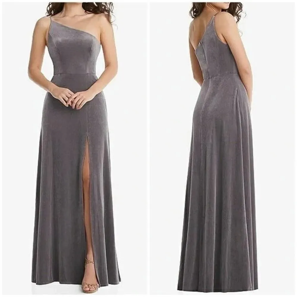 NWT After Six One Shoulder Spaghetti Strap Velvet Maxi Gown Dress 16 Caviar Gray - Image 14