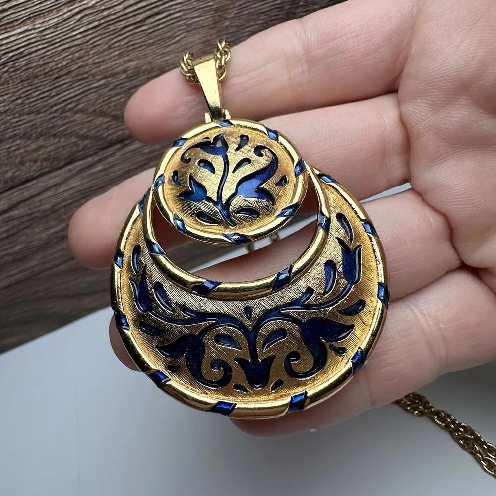 Crown Trifari L'ORIENT Necklace Pendant Blue Enamel Gold Tone Vintage Signed - Image 12