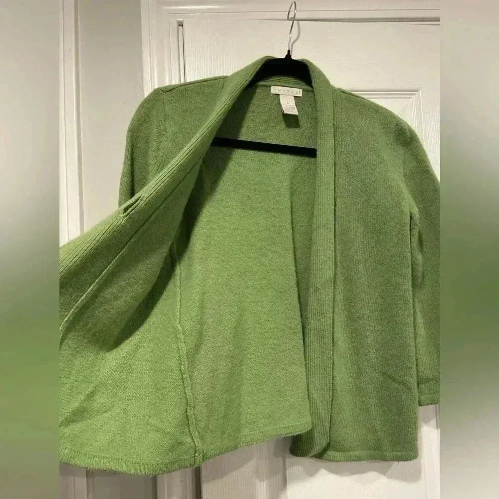 Tweeds Green Lambs Wool Angora 3/4 Sleeve Open Front Knit Cardiganan Size S - Image 4