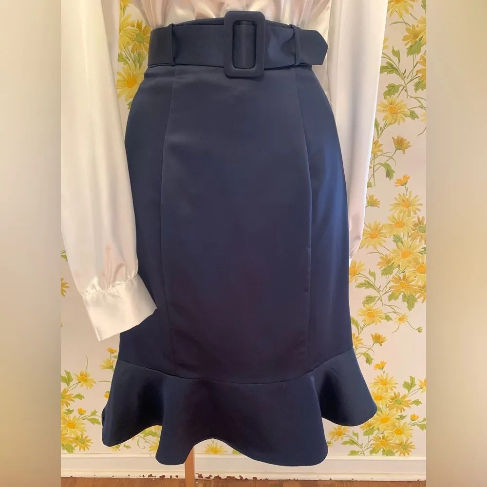 High waist belted Silky Satin ruffle hem midi skirt blue size M - Image 2