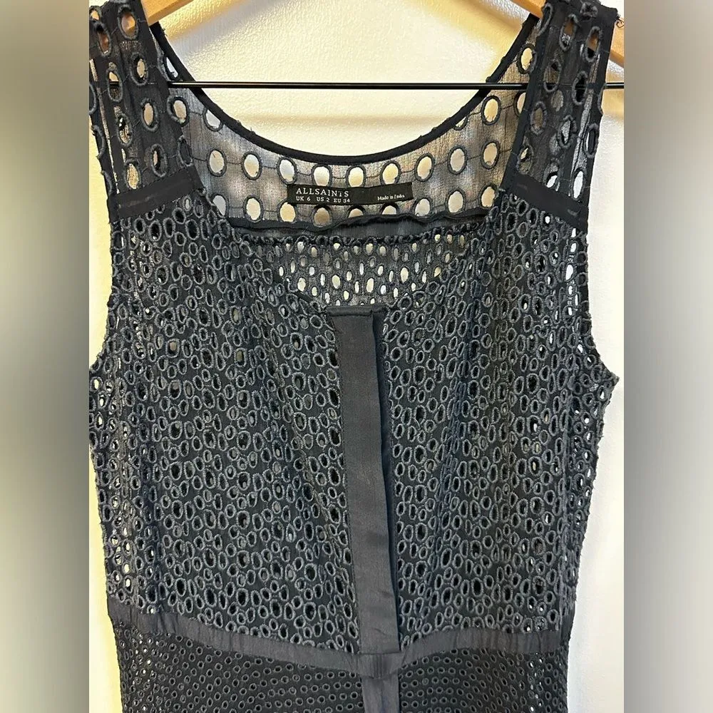 AllSaints Glesni Vest Mesh Eyelet Sheer Mini Dress Fit & Flare Navy Blue‎ Sz 2 - Image 3