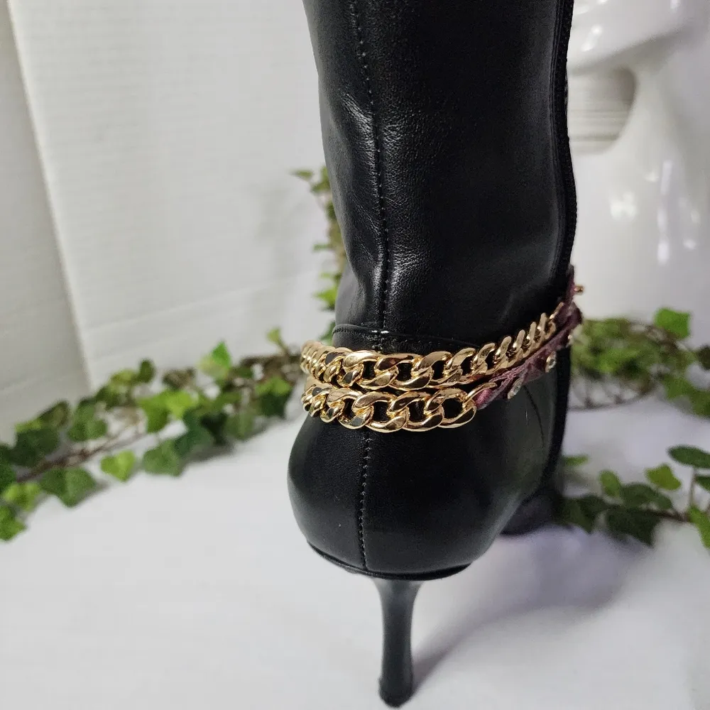 Gold Cuban Link Chain and Burgundy Leather Boot Ankle Bracelet Green - Image 4