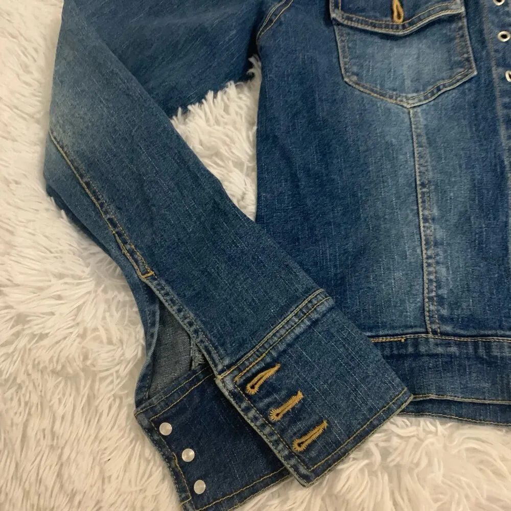 Denim Jean Jacket Eyelet Detail Ladies Sz XL Buttons Moto Blue - Image 5