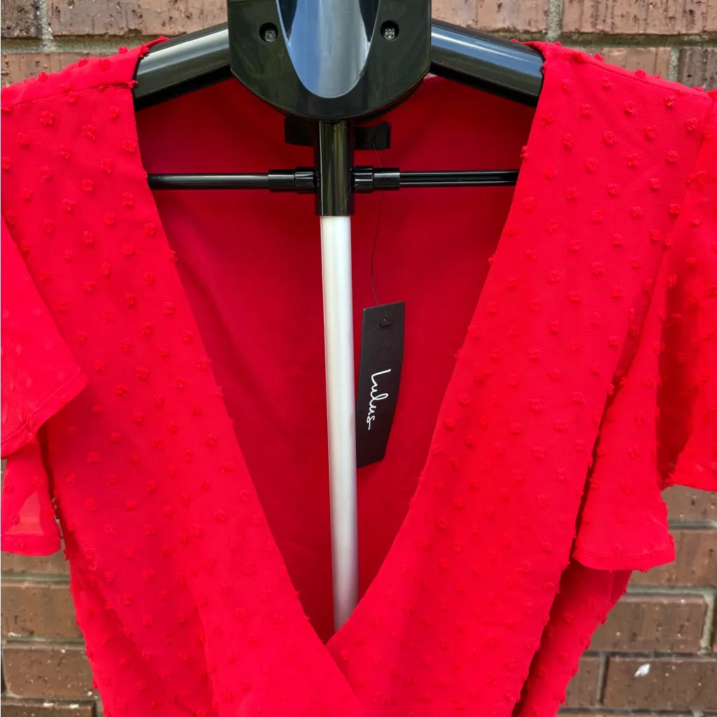 Lulus Much to Celebrate Red Swiss Dot Flutter Sleeve Wrap Mini Dress Size Small - Image 3