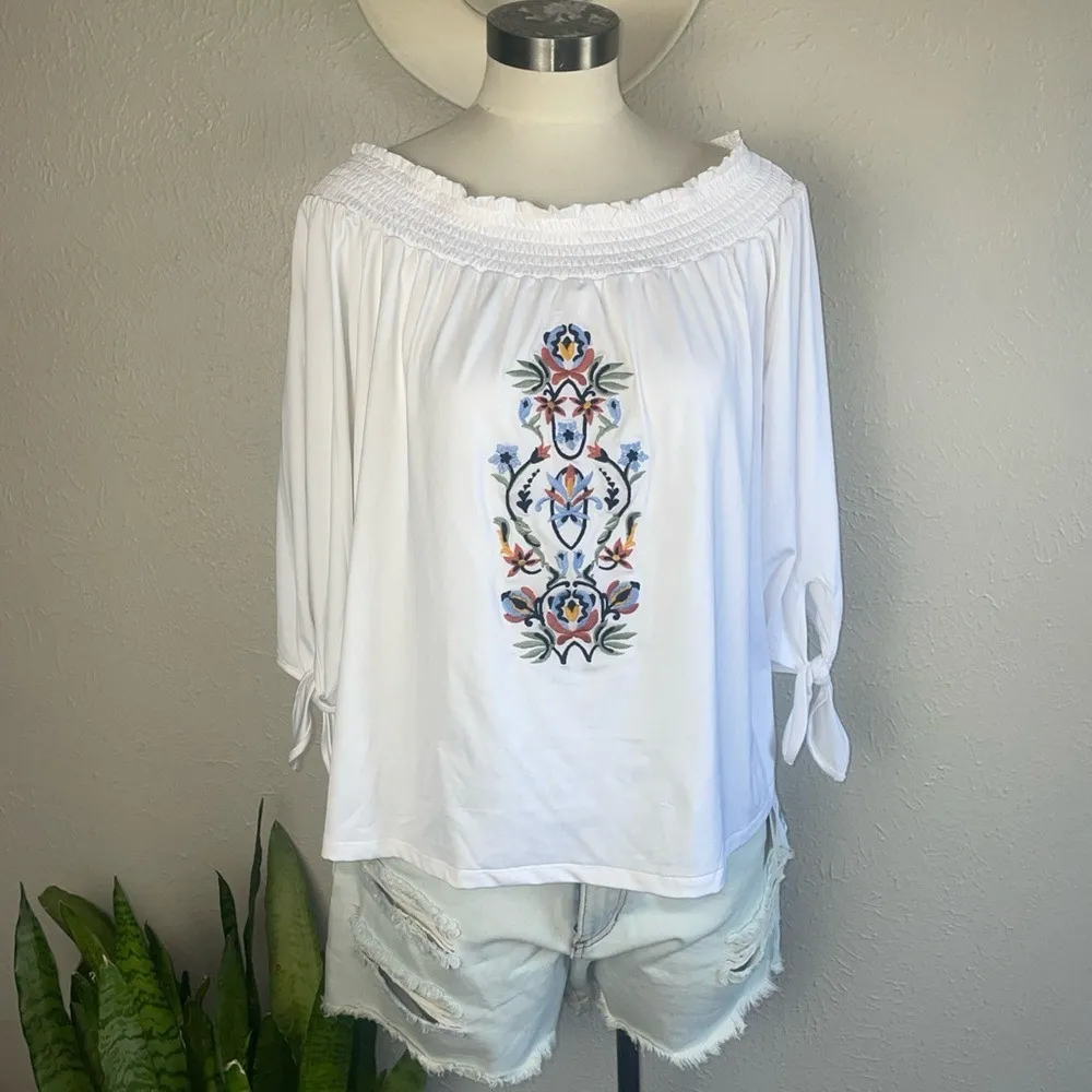 Roper White Embroidered Peasant Top L | Off Shoulder Boho Western Blouse Festiva Size L - Image 2