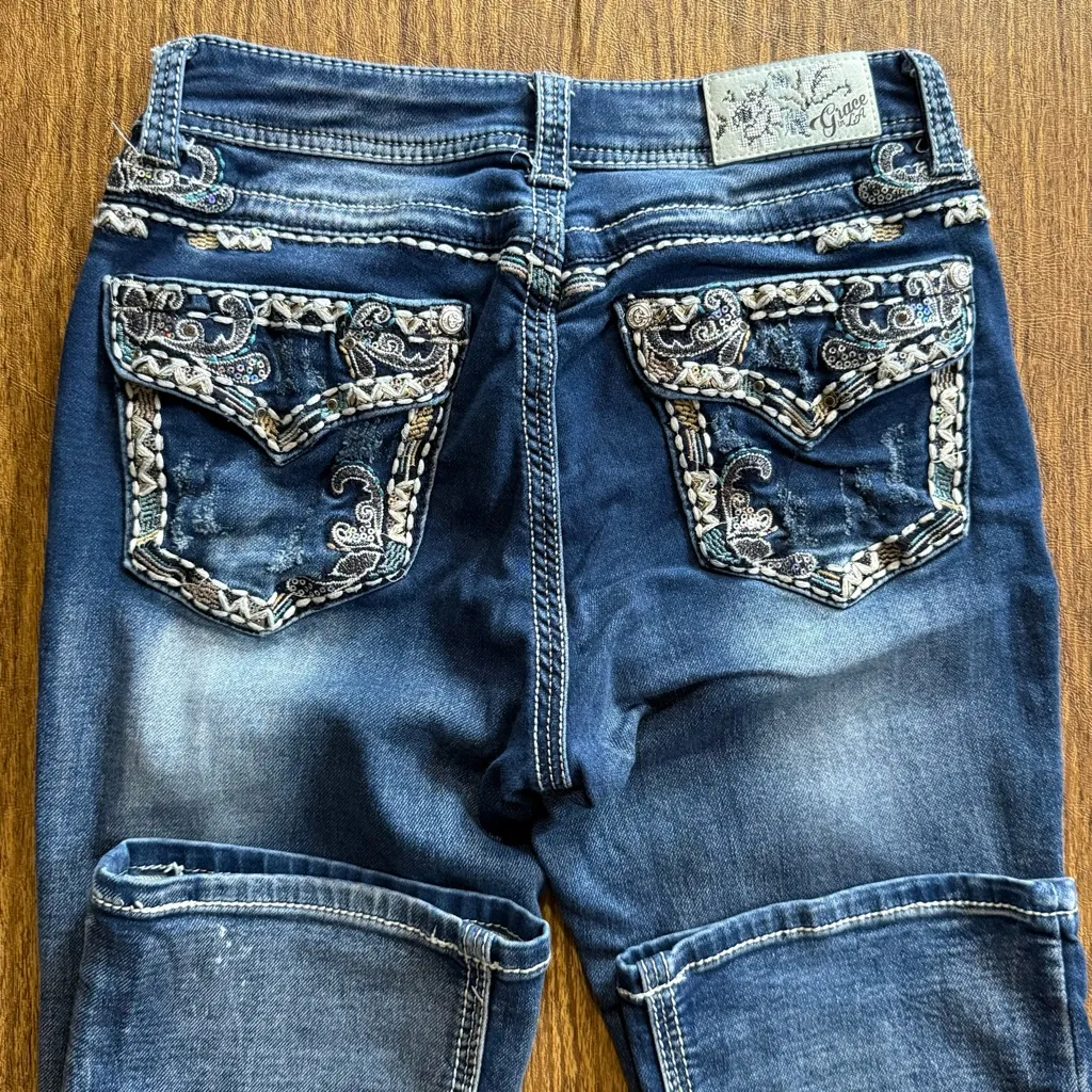 Grace in LA Jeans Bootcut Med Wash Bling Flap Pocket Embellished Distressed 28 - Image 3