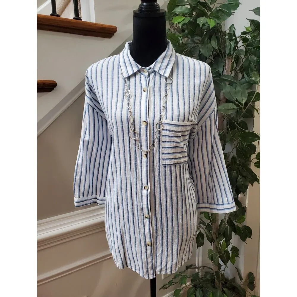 Unique Spectrum Women Blue White Striped Collared Button Front Top Shirt Size XL - Image 13