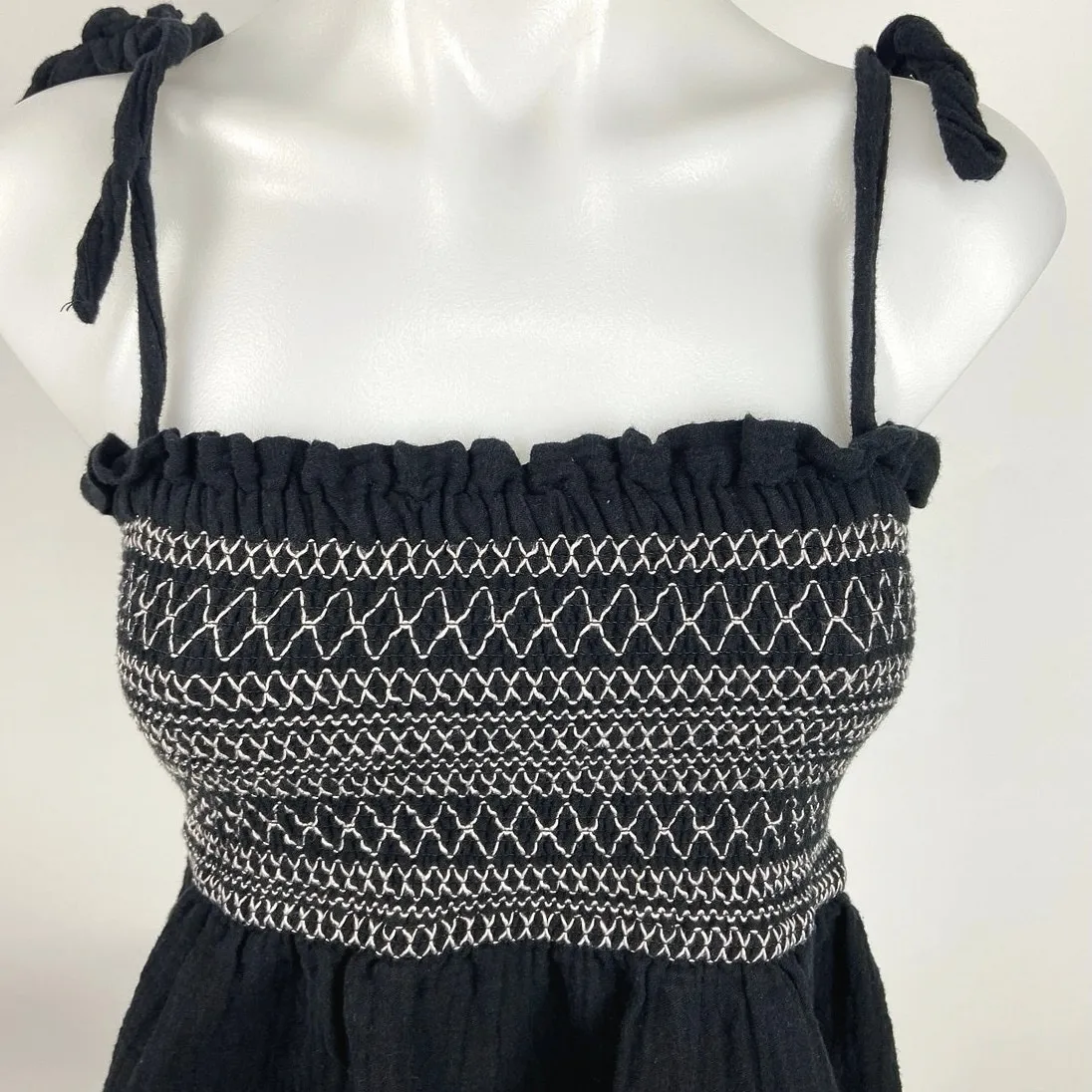 Free People Black White Ruffle Tie Sleeve Button Peplum Blouse Tank Top Size M - Image 3