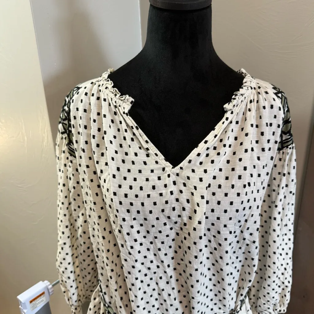 Knox Rose Black White V-Neck Embroidered Long Sleeve Tie Detail‎ Dress Milkmaid - Image 3