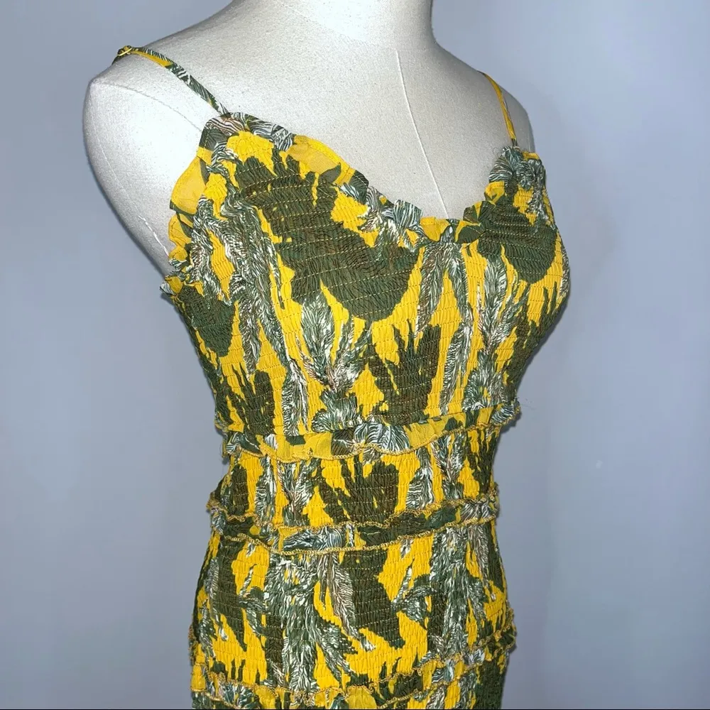 Yellow Green Palm Smocked Tiered Ruffle Short Mini Dress Medium NWT - Image 8