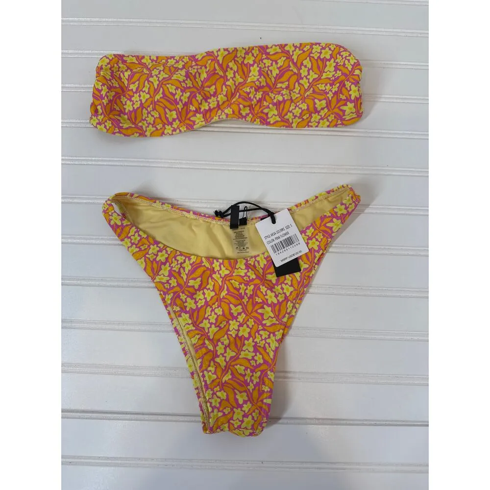NWT KENDALL+KYLIE  Yellow Pink Flower Bandeau Bikini Swimsuit Coverup Set Sz S - Image 2