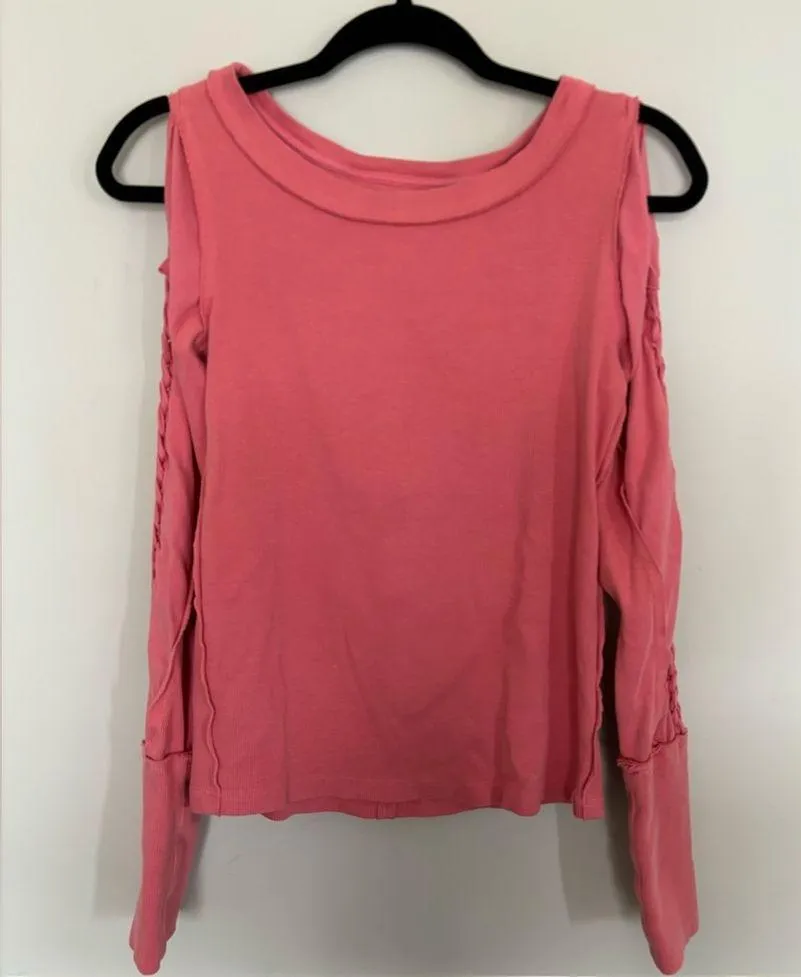 FREE PEOPLE Daisy Chain Cuff Long Sleeve Ribbed Cold Shoulder Top  Sz Med - Image 6