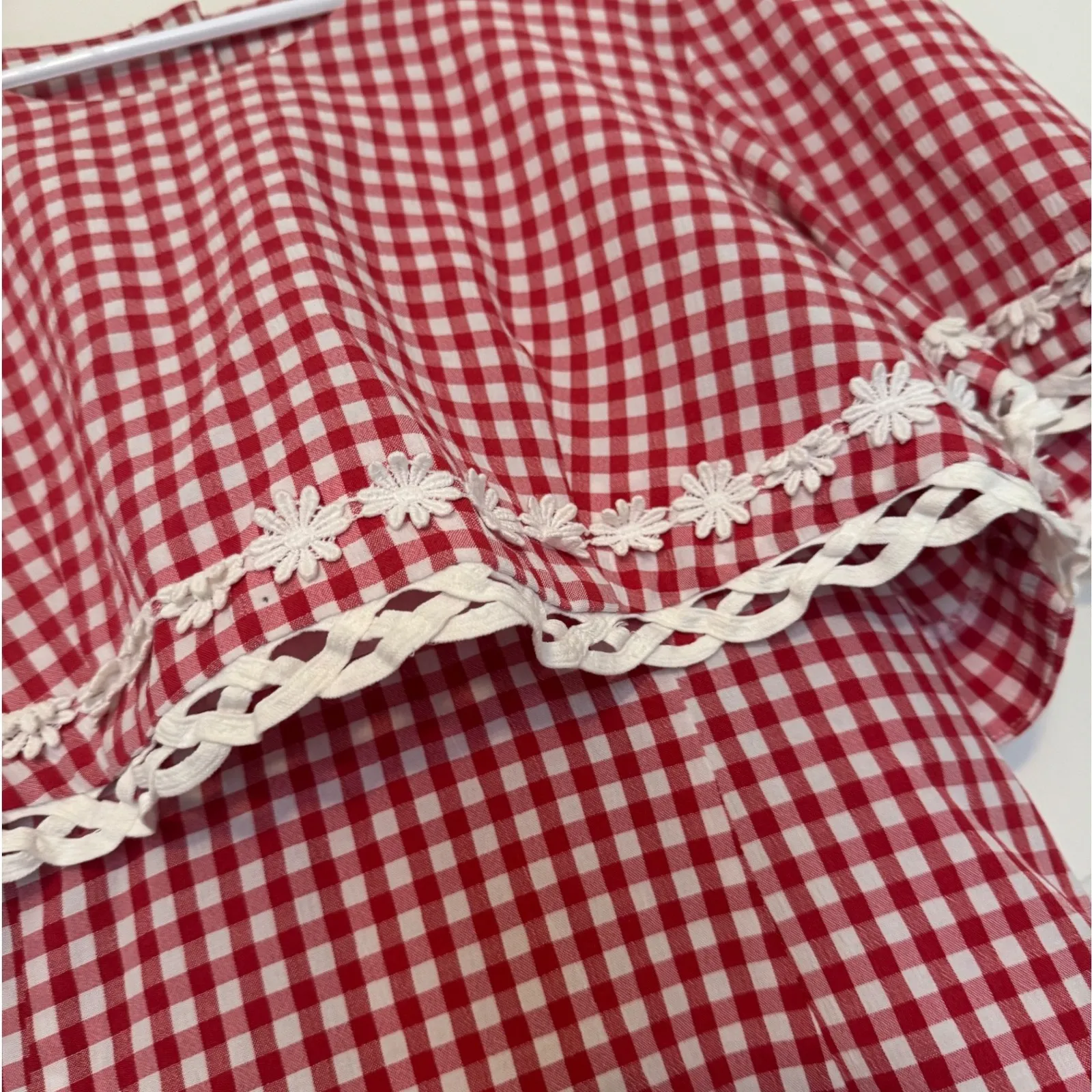 Vintage sz M Women Red Gingham Plaid Crochet Tiered Tie Waist Zip Maxi Dress 90s Size M - Image 9