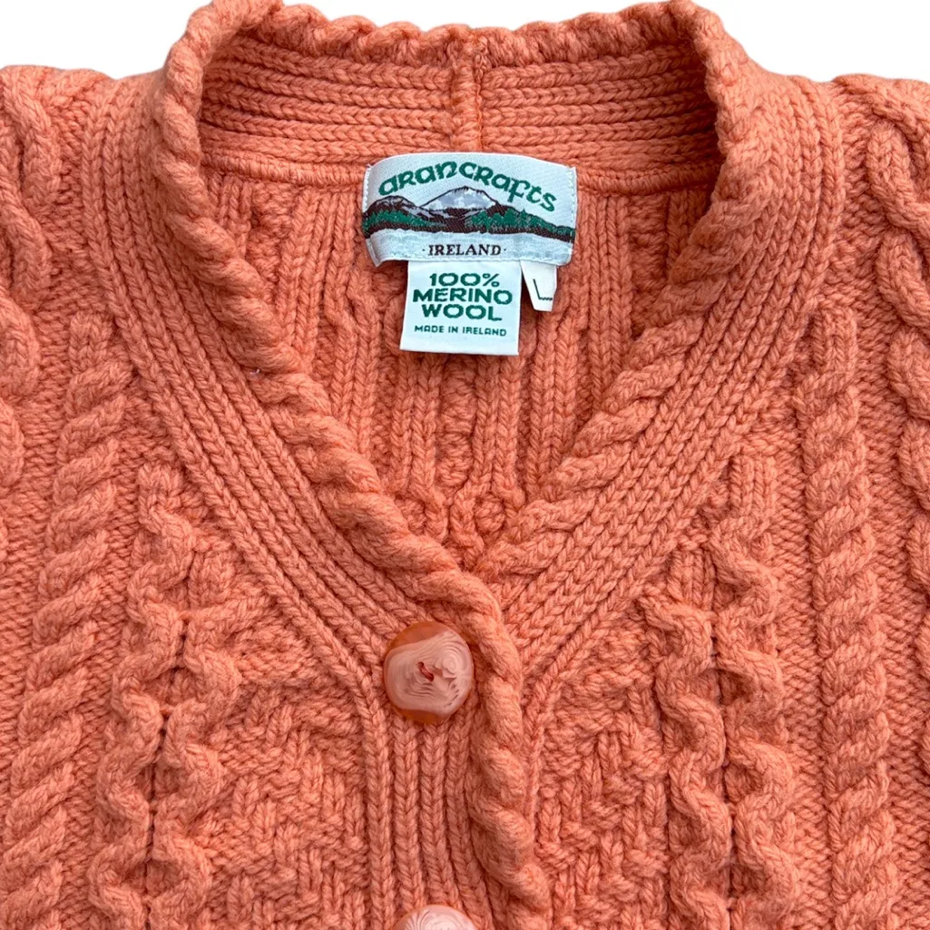 Like New Aran Crafts Merino Wool Cable Knit Crop Lngth Scallop Hem Sweater Large Orange - Image 9
